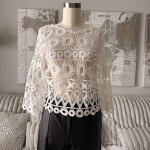 Lulus White Crochet Lace Bell Sleeve Top Sheer Geometric Boho Blouse XS